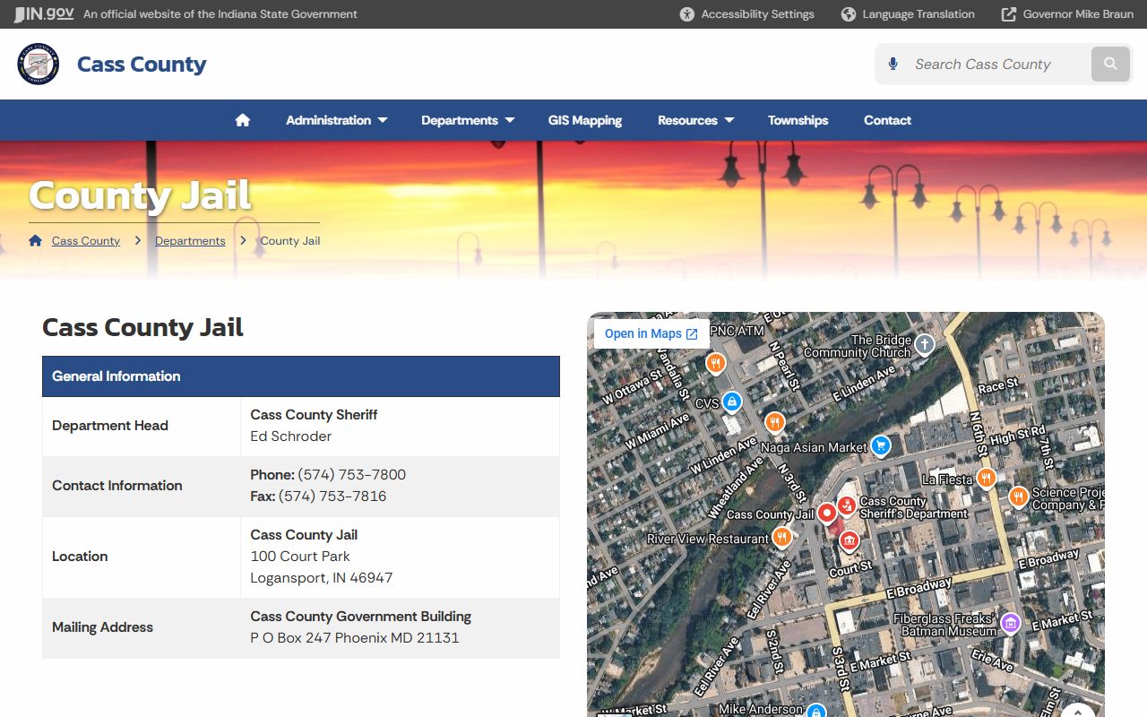 Official Cass County Jail page showing jail contact, mail, visitation, and commissary information