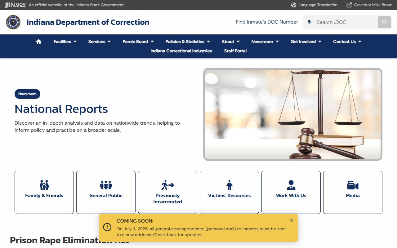 IDOC national reports page where Logansport Juvenile Correctional Facility audit reports are listed